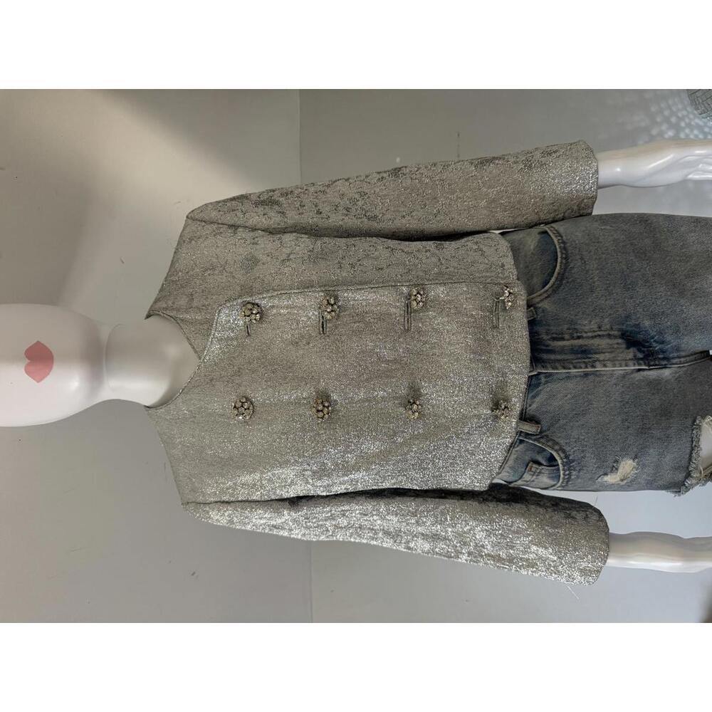 Vintage Silver 60s Metallic Double Breast Mod Crop Rhinestone Blazer Jacket Sm